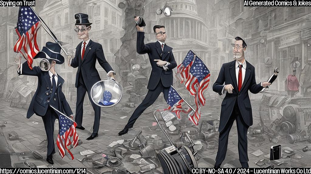 A stylized cartoon of a person in a suit with a magnifying glass, surrounded by espionage-themed gadgets and spy cameras, with a hint of a sly smile on their face. The background should be a blurred image of a Washington D.C. street scene with American flags waving in the distance.