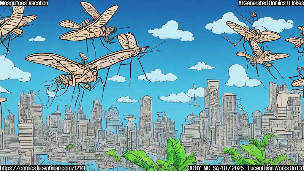 A cartoon style illustration. A group of mosquitoes wearing Hawaiian shirts and sunglasses, carrying suitcases, are flying towards a generic city skyline. The sky is a plain light blue. The mosquitoes have exaggerated happy expressions.