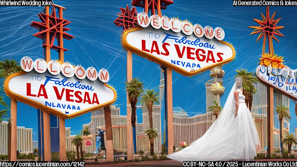 Plain color cartoon style picture of a happy tornado wearing a wedding veil standing in front of a Las Vegas sign.