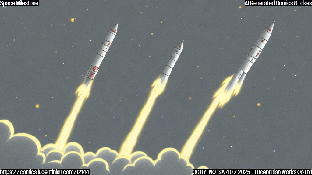 A plain color cartoon style picture of a sad looking satellite floating away from a rocket that is launching into space. The satellite has a disappointed expression. The rocket has a trail of fire coming from it. The background is a dark blue with small white dots representing stars.