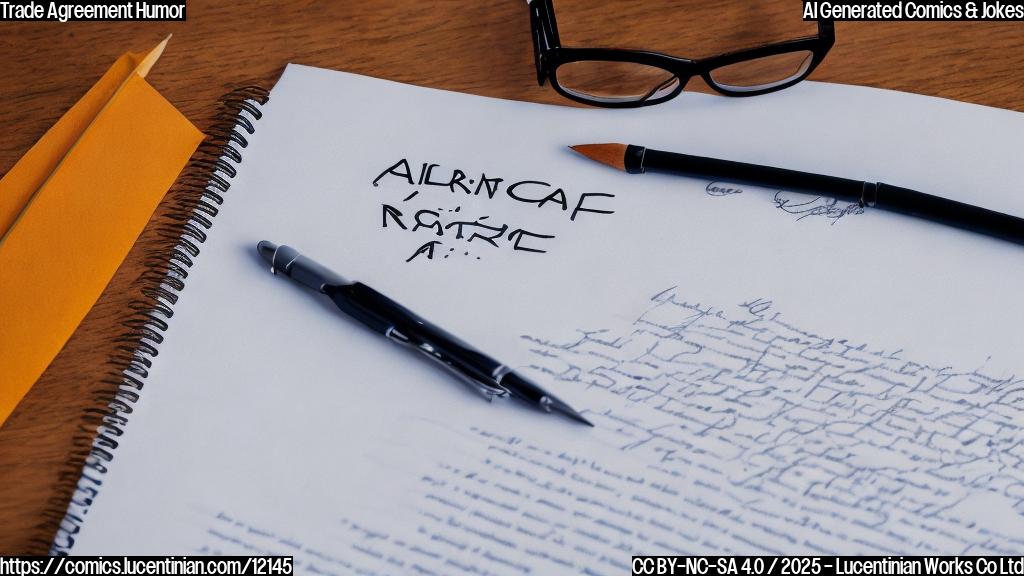 a cartoon drawing in plain colors of a trade agreement document with a sad face lying on a couch while a therapist in the form of a contract with glasses takes notes