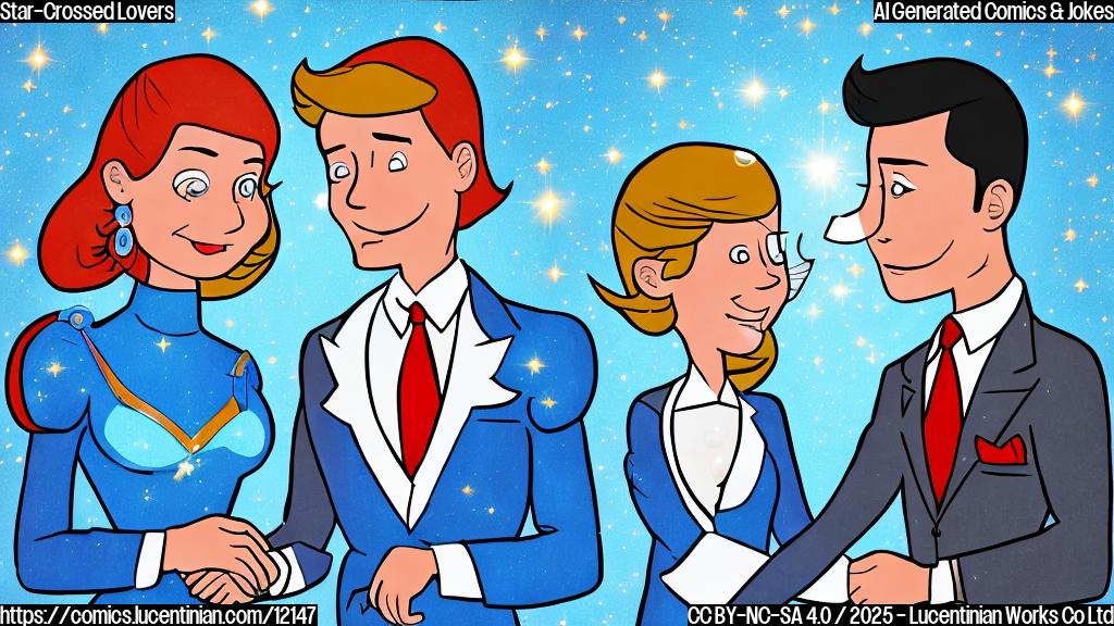 A cartoon-style image with a plain light blue background. On the left, a cartoon woman with long dark hair, wearing a sparkly dress, winks playfully. On the right, a cartoon man in a dark suit and tie smiles charmingly. They are holding hands, with a speech bubble above them showing a heart.