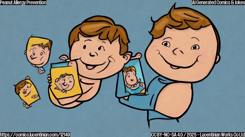 A cartoon-style drawing of a smiling peanut holding a baby photo. The background is a plain light blue.