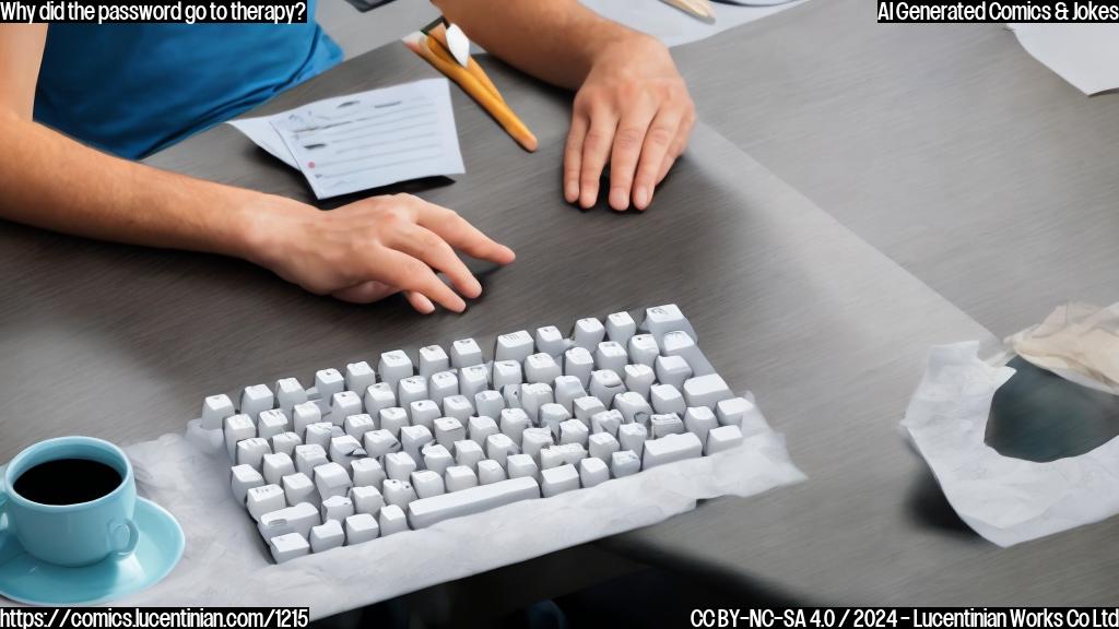 a cartoon of a person sitting at a keyboard with their eyes closed, wearing a puzzled expression and typing out the words "qwerty" on the screen in bold letters