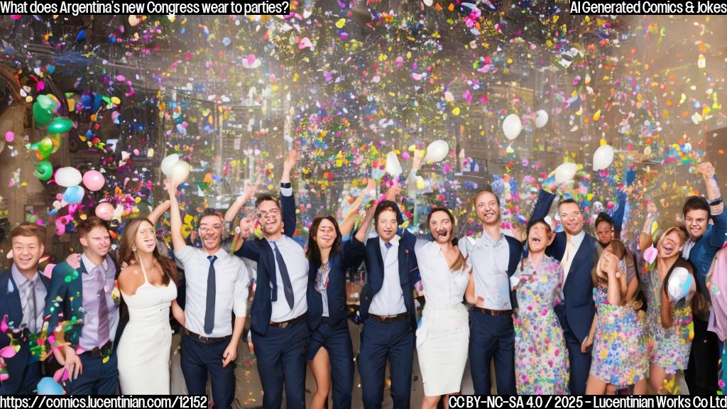 A group of people in business attire, with a large smile on one person's face and a ladder leaning against them, surrounded by confetti and balloons. The people are all smiling and some are holding hands or dancing.