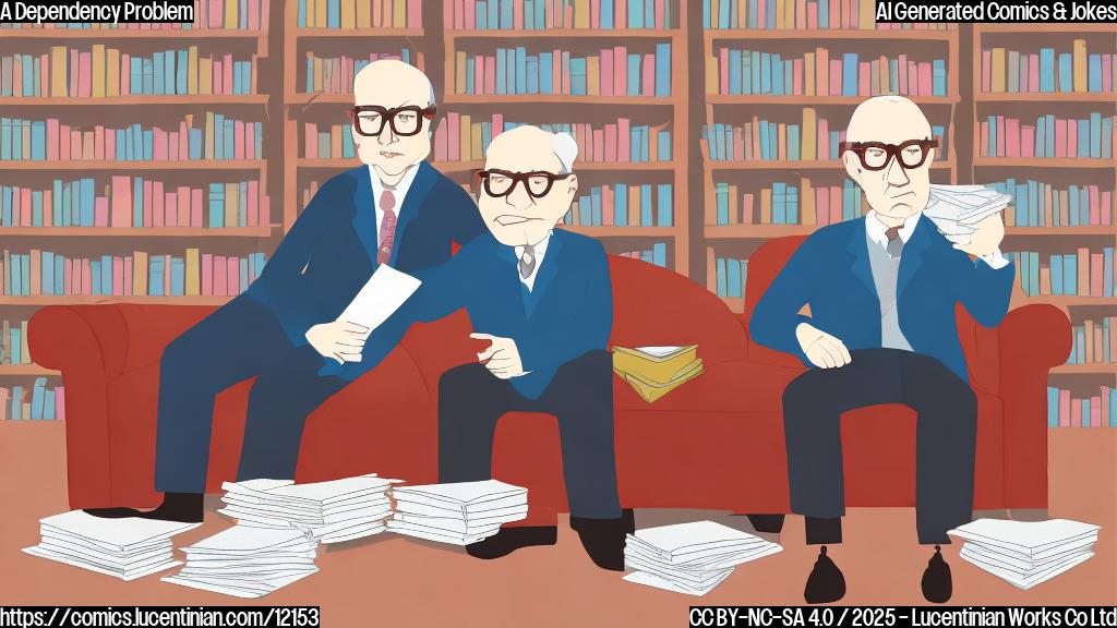 Generate a plain color cartoon style image of a middle-aged person wearing glasses and sitting on a therapist's couch, surrounded by books and notes, while an older person in a suit is standing in front of them, looking frustrated.