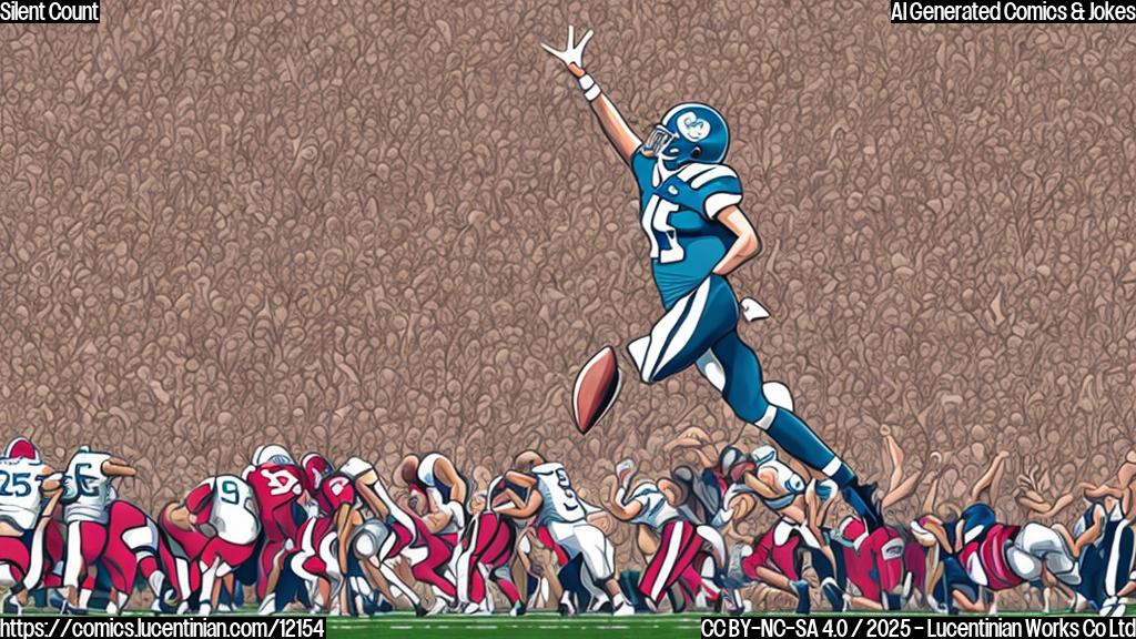 A cartoon style image of a football quarterback looking confused while his center gestures for silence, with a large crowd of cheering fans in the background, all in plain, vibrant colors.
