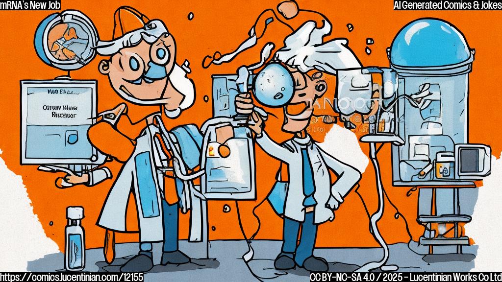 Cartoon style image of a plain orange colored vaccine syringe wearing a tiny graduation cap, standing in front of a building labeled "Cancer Research Center", with a speech bubble saying "New Career!".