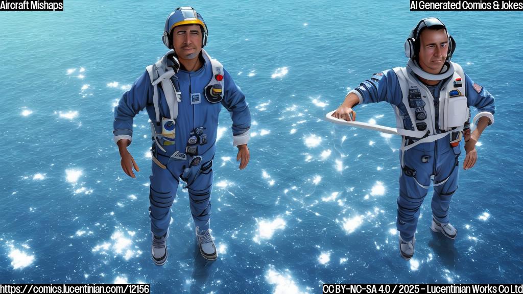 Cartoon style image of a bewildered-looking naval aviator in a bright blue flight suit, standing on a small floating piece of debris in a calm sea of light-blue water. He's holding a comically oversized ladder. The sky is a clear light blue.