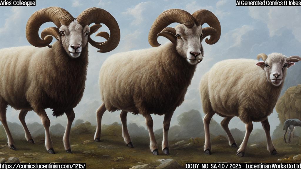 A plain color cartoon style picture of a determined-looking ram (Aries symbol) standing firmly with its hooves planted, blocking a timid-looking sheep from running away. The background is a simple, solid color.