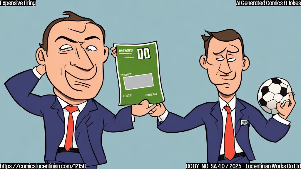 A cartoon image depicting a football coach with a disappointed expression, holding a large check with many zeros on it. The background shows a stadium with empty seats. The color palette is simple and uses pastel tones.