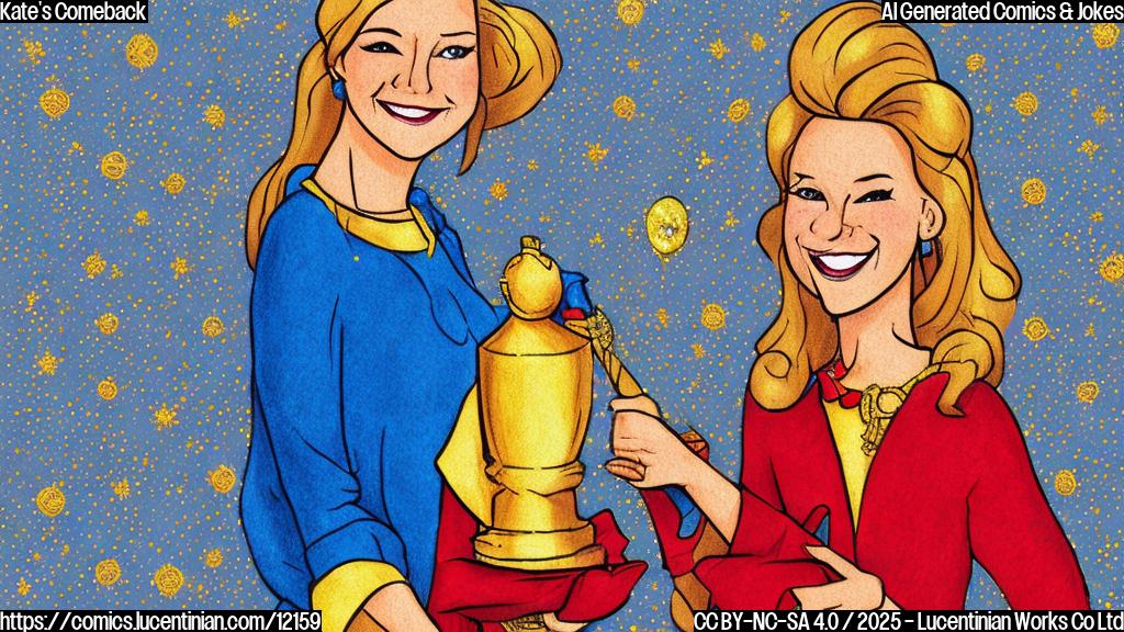 Plain color cartoon style drawing of a smiling woman with long blonde hair, wearing a sparkling blue dress, holding a golden statue. Background is a simple red curtain.