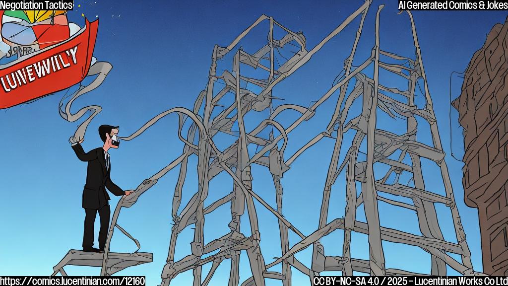 a plain cartoon style picture of a person in a suit carrying a comically oversized ladder into a building labeled "NBCUniversal". The sky is blue.