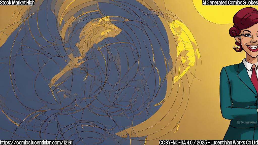 Cartoon style image of a graph skyrocketing upwards, with a rising sun in the background. A smiling, generic female figure in a business suit stands confidently in front of the graph. The color is a plain bright yellow.