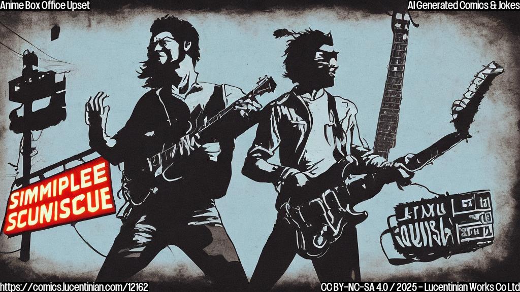 A simplistic cartoon image depicting a movie theater marquee. One movie poster shows a silhouette of a guitar player with a bandana, looking dejected. The second movie poster shows a stylized character with a chainsaw for an arm, triumphantly. The background is a plain color.