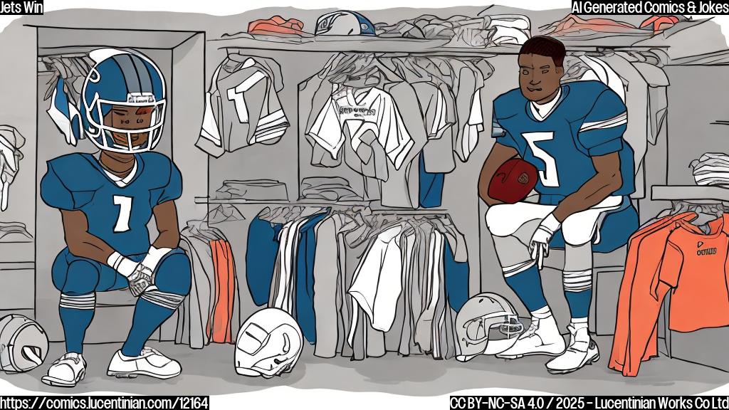 A simple cartoon illustration of a football player with a helmet under his arm, sitting in a closet surrounded by clothes, with tears streaming down his face, plain color background.
