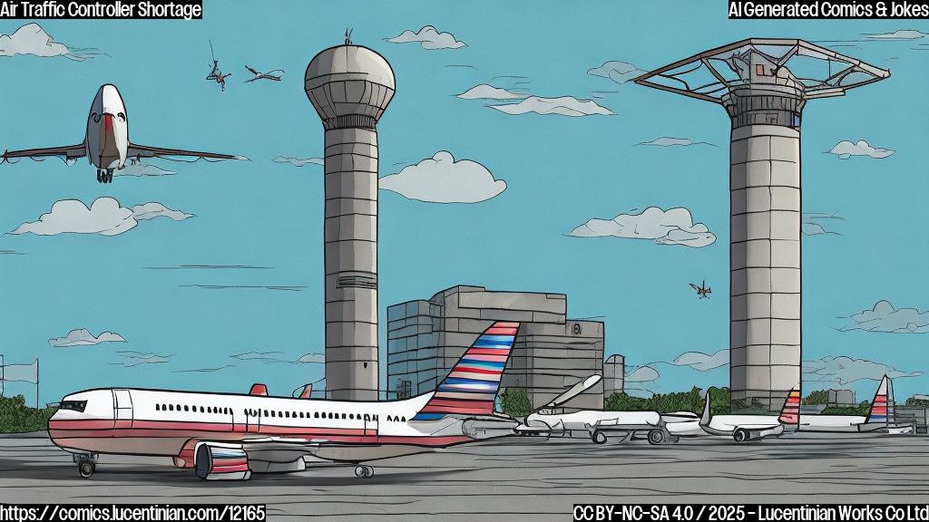 A cartoon-style illustration of a grounded airplane looking sadly at a control tower, plain background color.