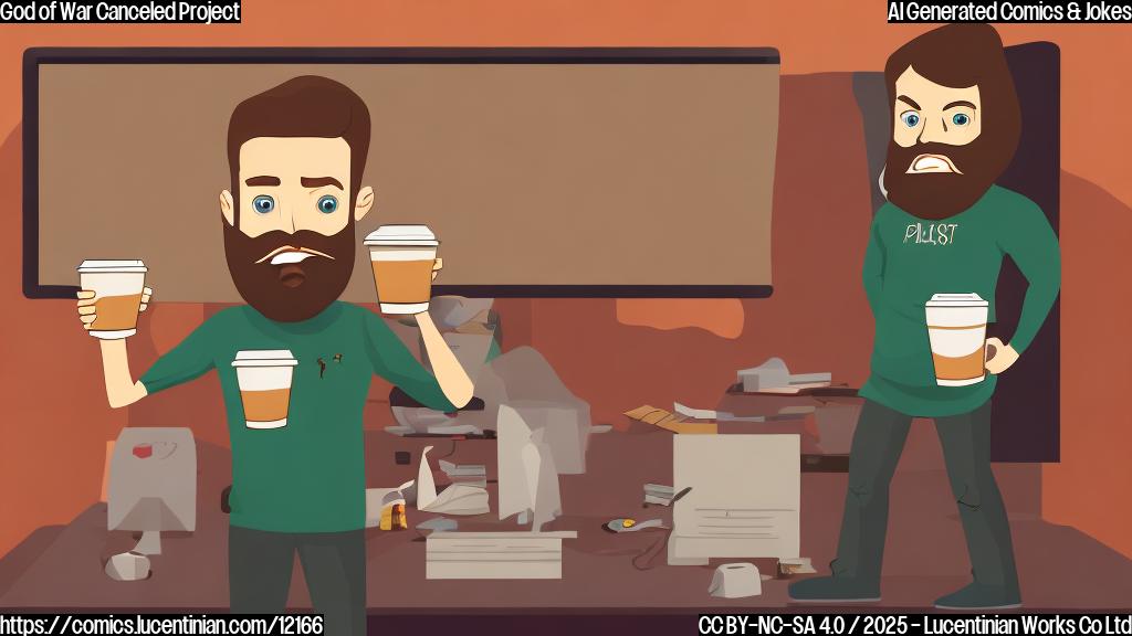 A cartoon image of a frustrated game developer with a beard, standing in front of a screen displaying a cancelled game project, holding a coffee mug. Plain color background.