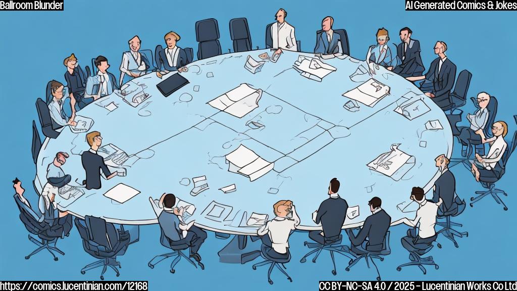 A cartoon-style image with a plain light blue background. In the center, a group of five generic people dressed in business attire (suits, dresses) sitting around a large table. One of them is pointing to a blueprint of a generic oval-shaped building with a large, undefined addition labeled "ballroom." Next to the table is a large, slightly deflated trampoline. The style is simple and cheerful.