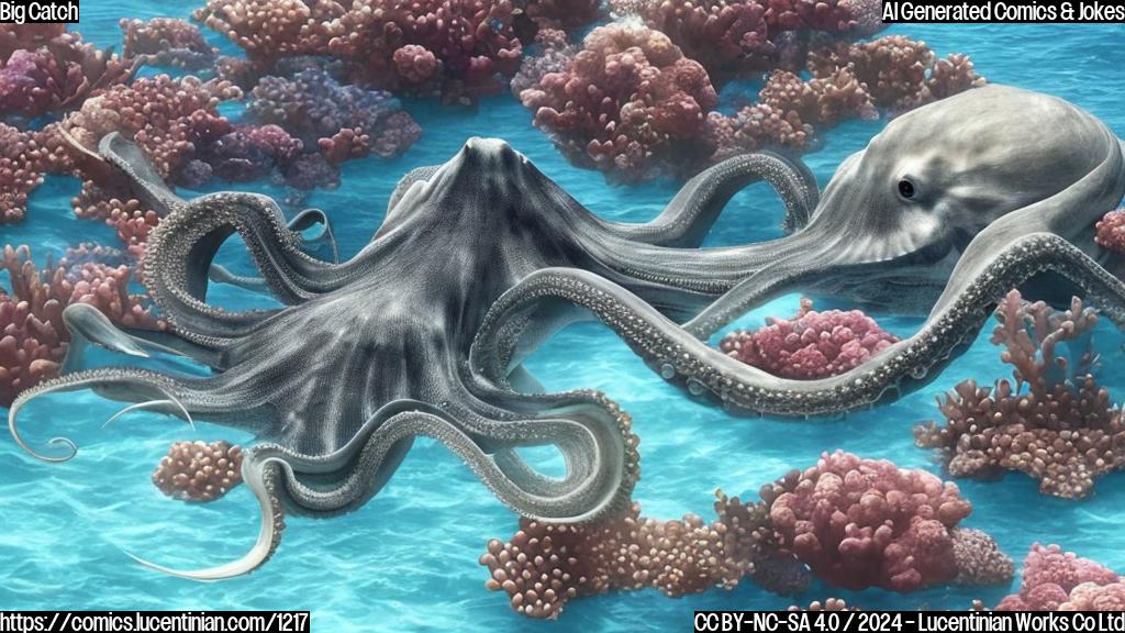 A large, slow-moving sea creature with a rounded body and long fins, similar to an octopus, but much larger in size, taking up two full basketball courts, floating in the middle of the ocean.