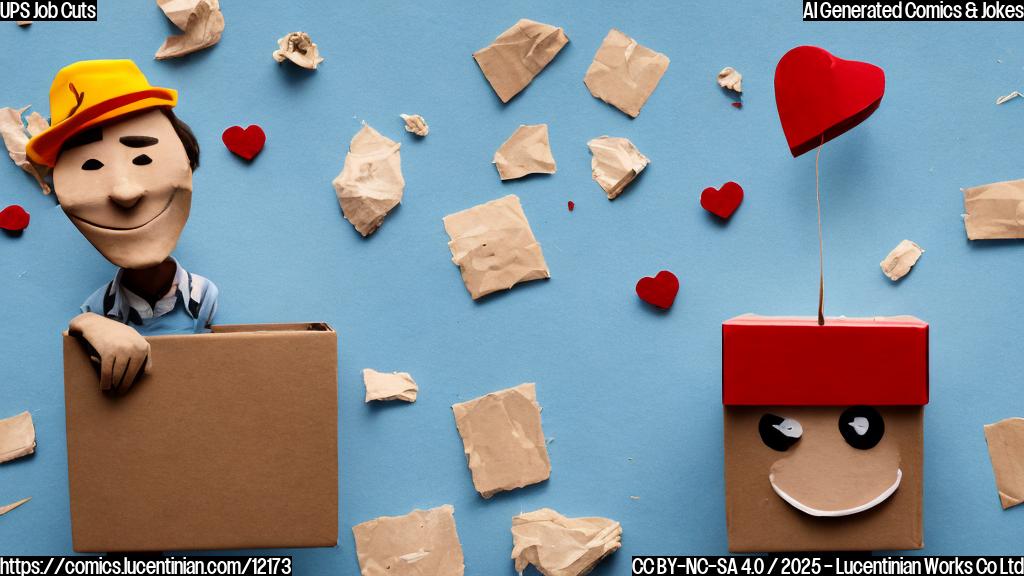 Cartoon of a frowning cardboard box wearing a tiny hat, standing next to a broken heart made of parcel tape. The background is a plain light blue.