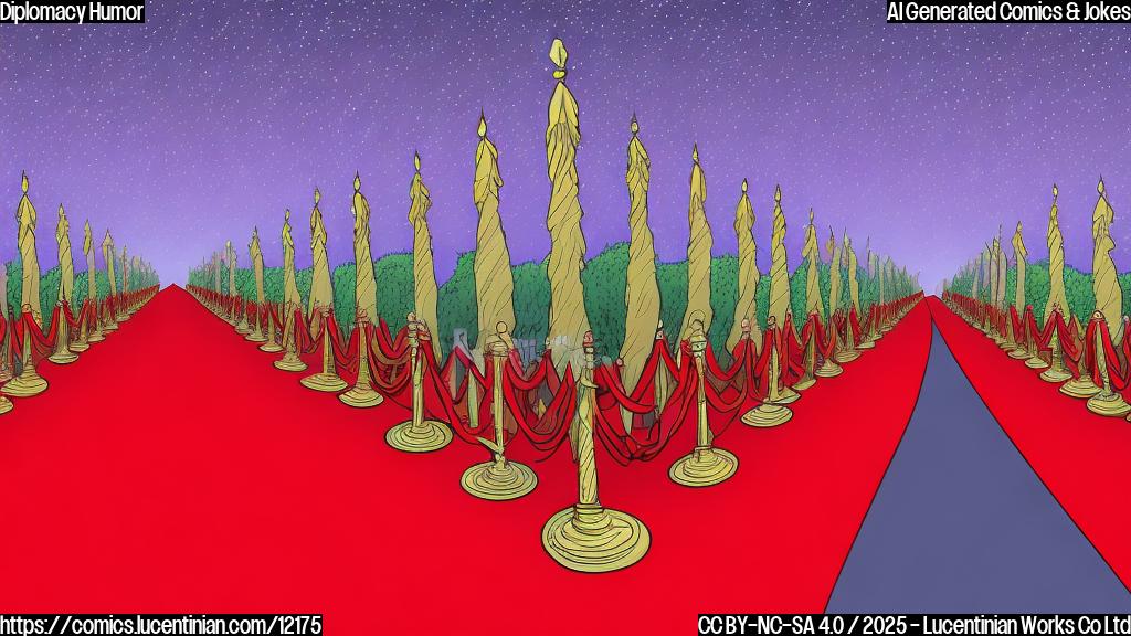 A very long red carpet stretching far into the distance, cartoon style, plain color background.