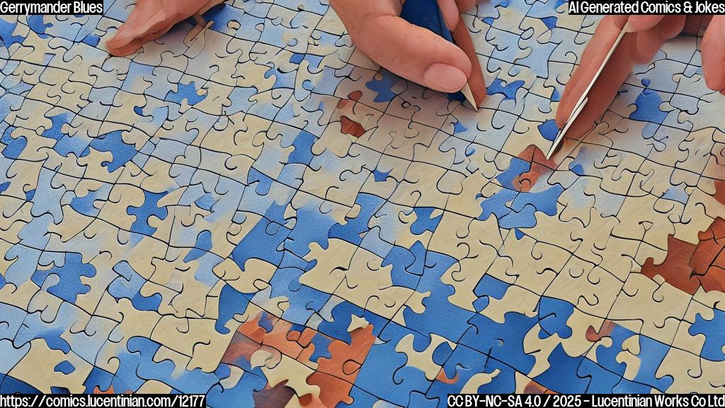A plain color cartoon style image of a frustrated person holding a ruler over a jigsaw puzzle shaped like a state, with oddly shaped pieces.