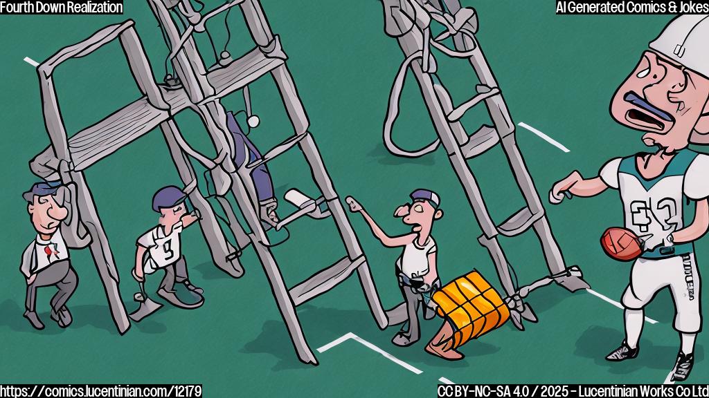 Plain color cartoon style drawing: A football coach with a whistle around his neck, looking frustrated, is holding a comically oversized ladder next to a football field with the yard lines clearly marked. The ladder barely reaches over the "4th Down" line.