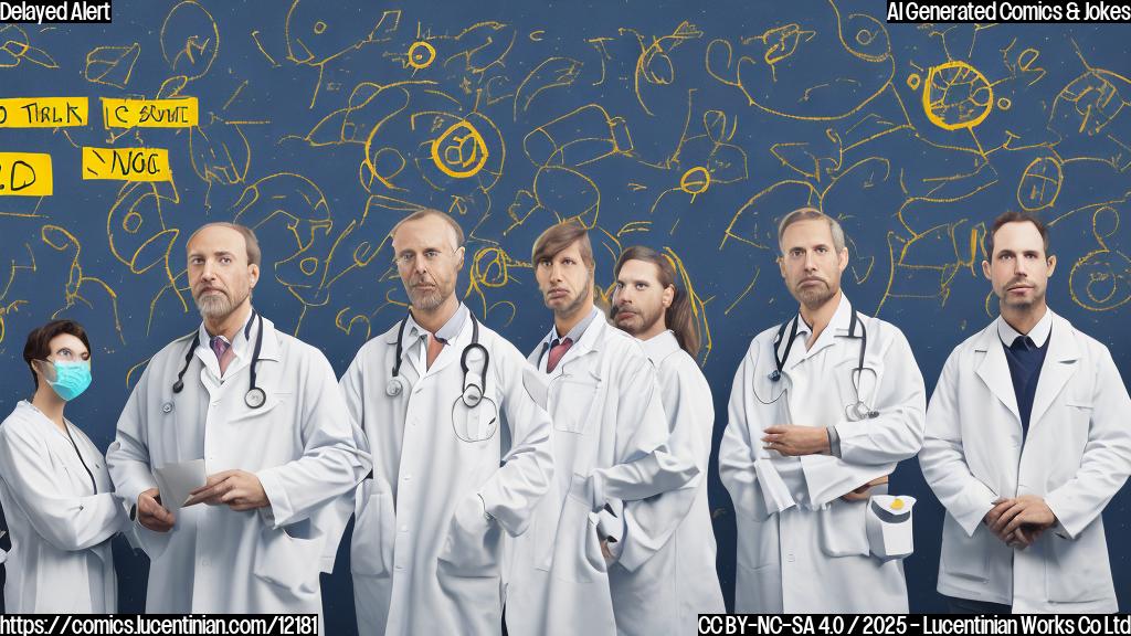 A cartoon-style image of a group of figures wearing doctor's coats, looking sheepish and avoiding eye contact, standing behind a calendar marked with several months crossed out. The background is a plain yellow.