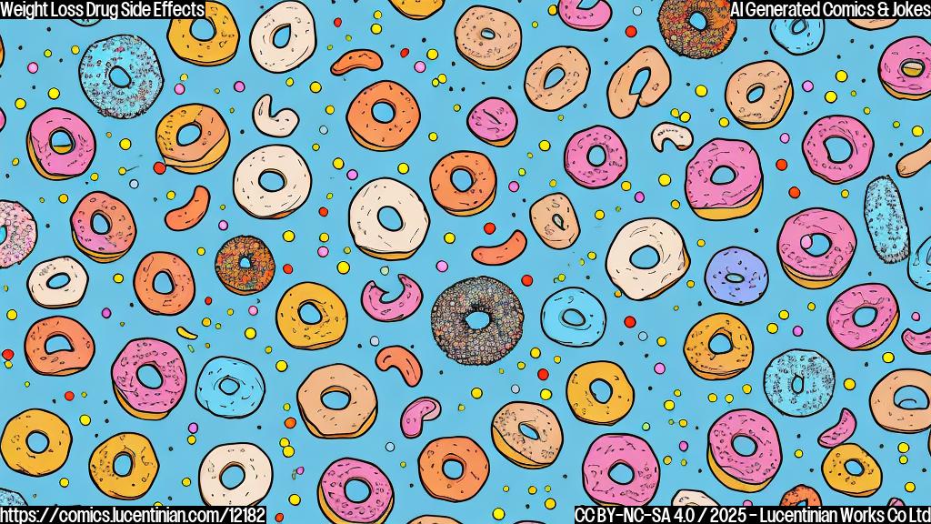 A plain color cartoon style image depicting a sad-looking donut with sprinkles standing far away from a bottle labeled "Weight Loss". The background is a light blue.