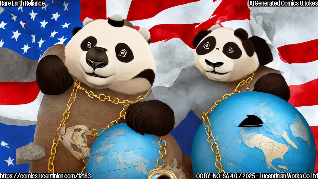 Cartoon style image: A globe with a sad face is chained to a large ingot labeled "Rare Earths" held by a smiling panda. In the background, a determined eagle is digging in the ground with a pickaxe. The eagle has stars and stripes on its wings. The background is a plain light blue.