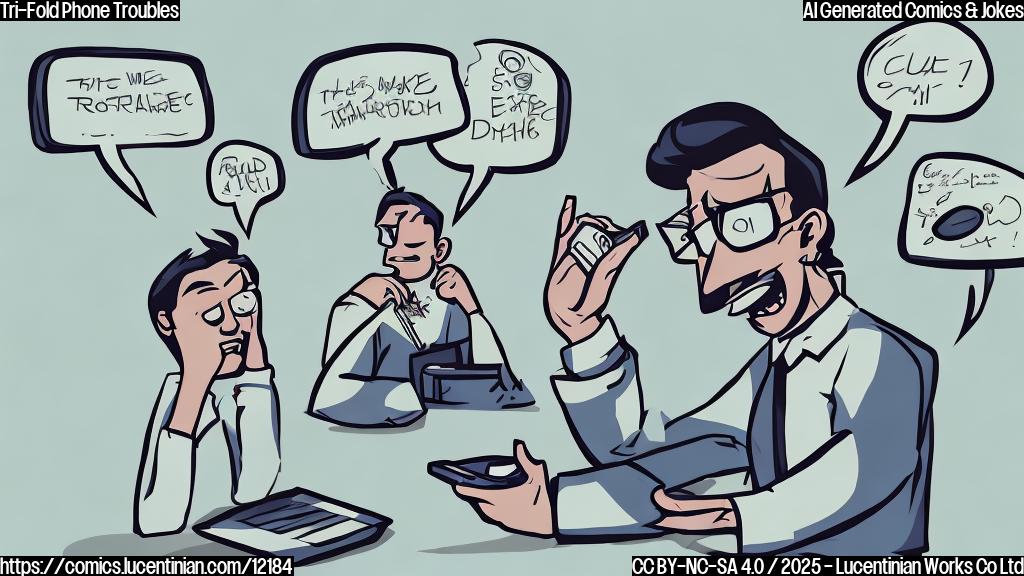 A person looking frustrated while holding a phone with three screens unfolded. The background shows three separate speech bubbles, each with a different conversation happening. Cartoon style, plain colors.