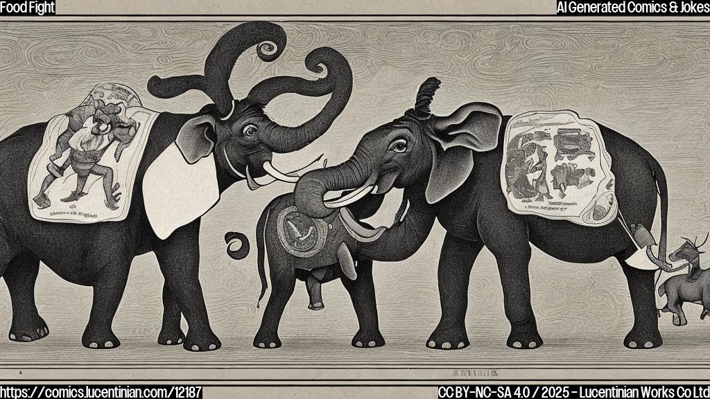 Cartoon image. Two generic senators, one with a donkey pin and the other with an elephant pin, are pulling on opposite ends of a giant sandwich. The sandwich is labeled "Food Assistance." The background is a plain light blue color. Simple, clean lines.