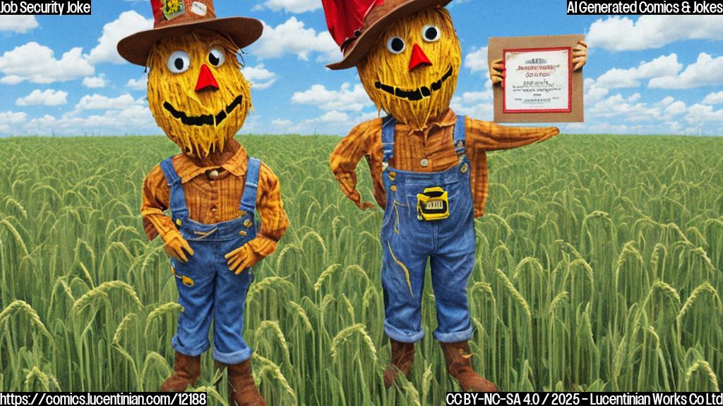 A cartoon scarecrow stands proudly in a field of wheat. The scarecrow is wearing a patched-up hat and overalls, holding an "Employee of the Month" plaque. The field is mostly empty, suggesting a recent departure of other workers. The style is simple and cheerful, with bright, plain colors.