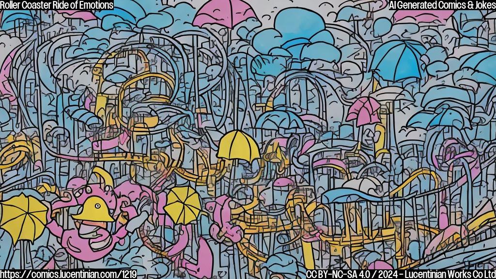 Draw a plain color cartoon style picture of a person holding an umbrella with rain pouring down on them, surrounded by rollercoaster tracks and a cityscape in the background. The person should have a worried expression and be clutching their stomach.