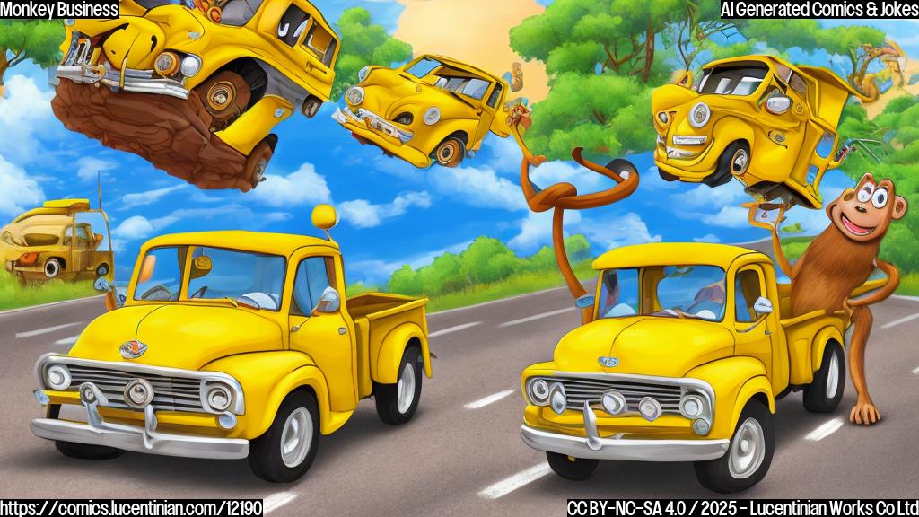 Cartoon of a yellow truck crashed on the side of the road, with a brown monkey wearing a blue shirt and a red cap joyfully holding a steering wheel.