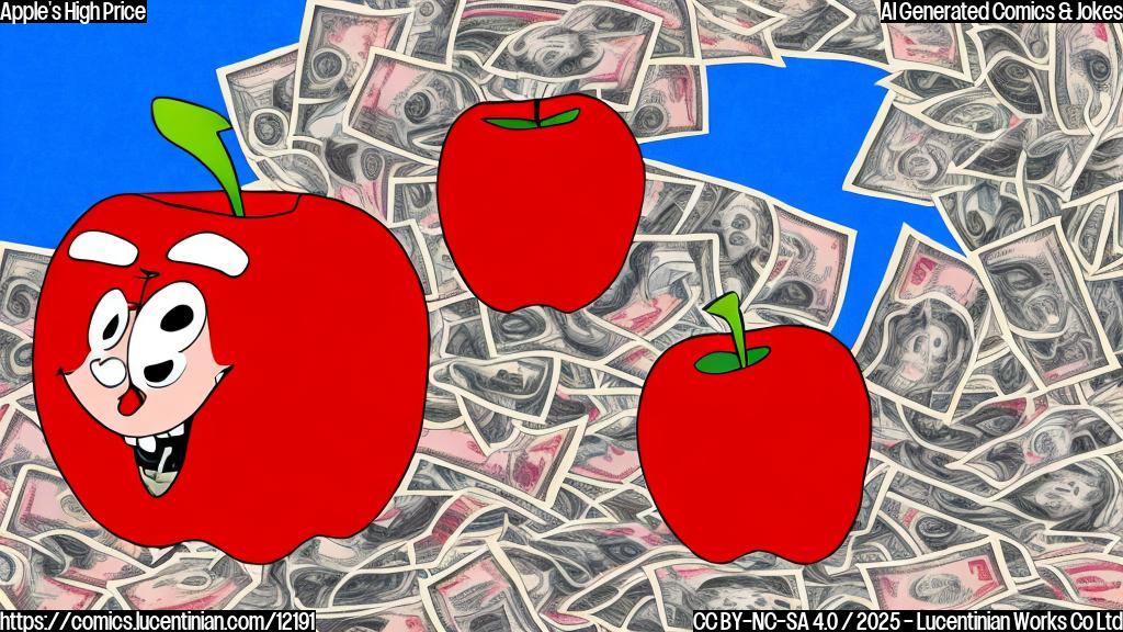 A cartoon-style drawing of a bright red apple character sweating nervously while looking at a huge number "4,000,000,000,000" made of dollar bills. The background is a plain blue color.