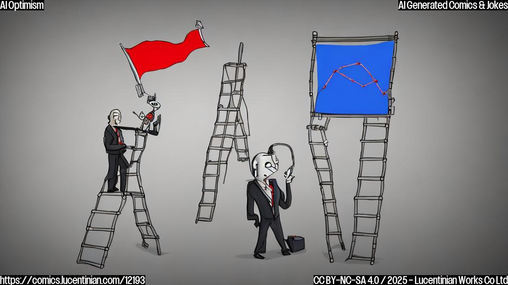 A cartoon drawing of a person in a suit carrying a comically large ladder towards a graph trending upwards, with a small robot perched on top of the graph waving a flag.