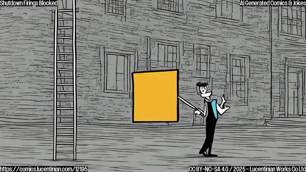 A plain color cartoon style image depicting a person in business attire carrying a comically oversized ladder with worried expression. Background is a simple office building with closed doors.