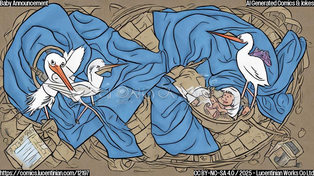 a plain color cartoon style picture, showing a stork delivering a baby wrapped in a blue blanket to a generic suburban house, with a speech bubble saying "Tweet!"