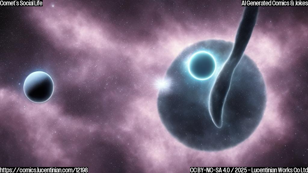 Plain color cartoon style picture of a sad looking comet with a blue nucleus and a long, trailing white tail, surrounded by numerous telescopes with large, watchful eyes. The comet is slightly frowning and has sweat droplets on its face. The background is a simple, dark purple space scene with a few stylized stars.