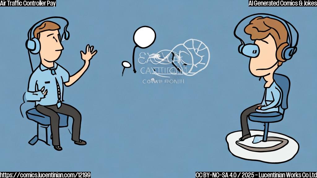 A cartoon image, solid light blue background, depicting a sad-looking, stick-figure air traffic controller with a headset, sitting on a cloud with a cancelled stamp over a paycheck.