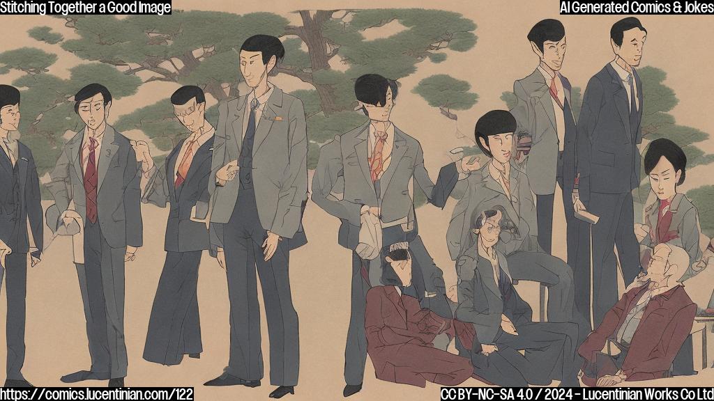 A cartoon of 5 people wearing suits with slightly askew collars and jackets, standing in front of a Japanese-style background. The people's faces are plain and expressionless, but their eyes are visible through the slight gaps between the editing mistakes on their outfits. In the foreground, there is a small needle and thread lying next to the group, symbolizing the act of stitching together the edited images.