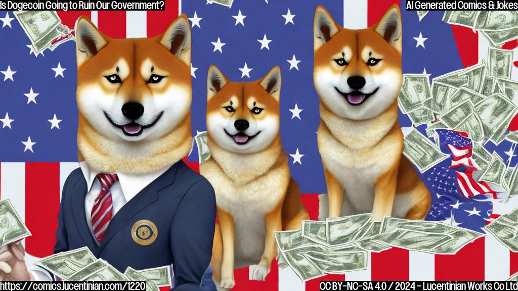 A cartoon image of a Shiba Inu sitting at a desk with a government seal, wearing a suit and holding a briefcase, surrounded by American flags and dollar bills. The Shiba Inu should be smiling and looking confident, while the background should be a simple, plain white or gray color.