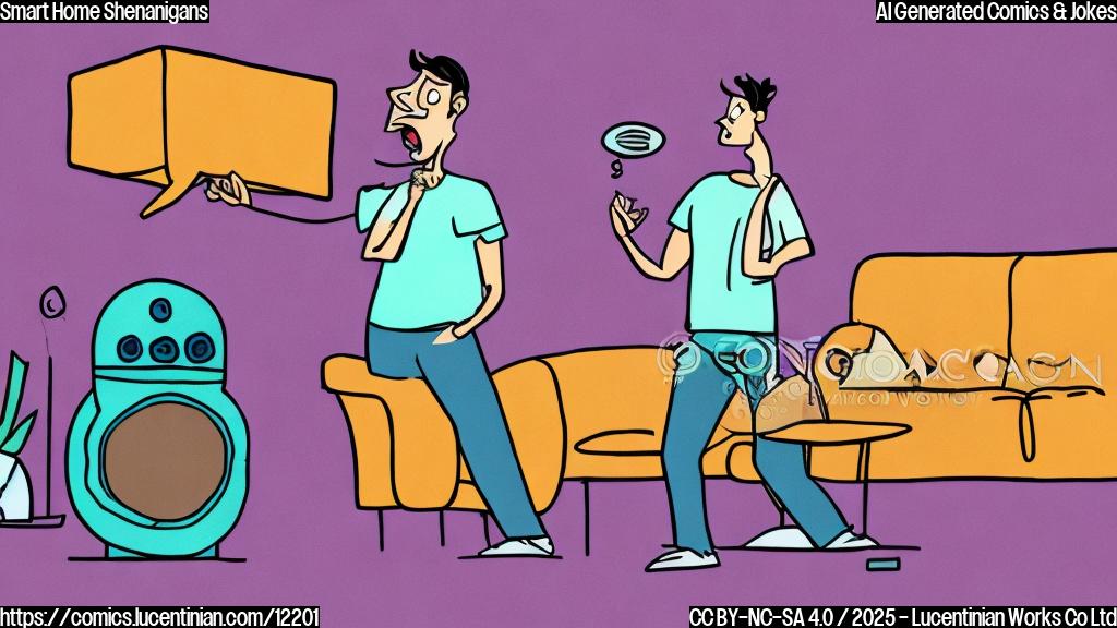 A cartoon illustration of a frustrated looking person standing in a living room. They are yelling at a small, round smart speaker with a blank, digital face. The style is simple and flat, with bright, contrasting colors. The person has brown hairs and wears a violet t-shirt. The smart speaker is light-blue.