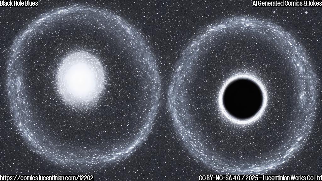 A plain color cartoon style image of a small, round black hole with tears welling up in its event horizon. The background is a simple, dark blue void with a few stylized stars scattered around.