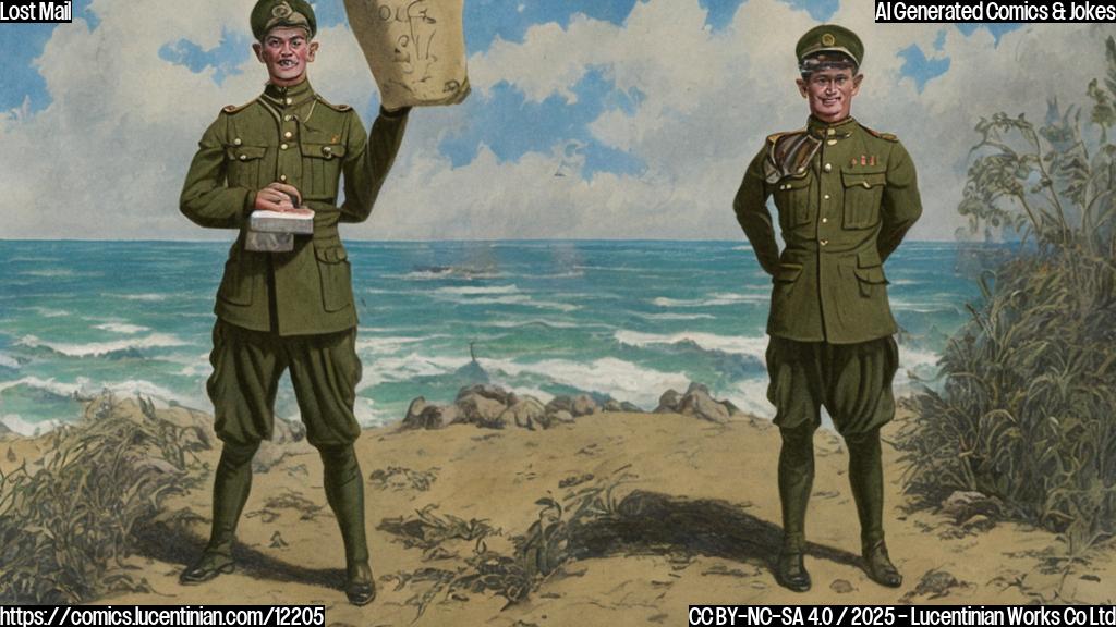 A cartoon drawing of an Australian soldier from World War I in a khaki uniform, standing on a sunny beach, putting a rolled-up letter inside a green glass bottle. The ocean is turquoise. Style: plain colors, cartoon.