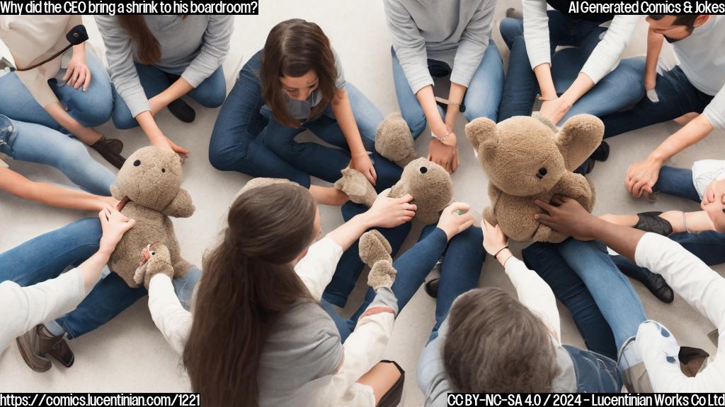 A group of people sitting in a circle with one person in the center, holding a stuffed animal. The person in the center has a thoughtful expression and the others are nodding in agreement. The background is a neutral color with subtle text overlays describing "bad meeting" and "therapy session".