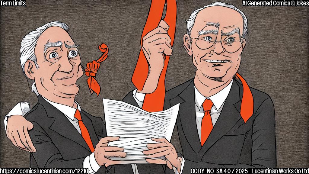 Cartoon image of a politician with orange hair and a red tie squinting at a very large Constitution book, looking puzzled. Plain background, cartoon style.