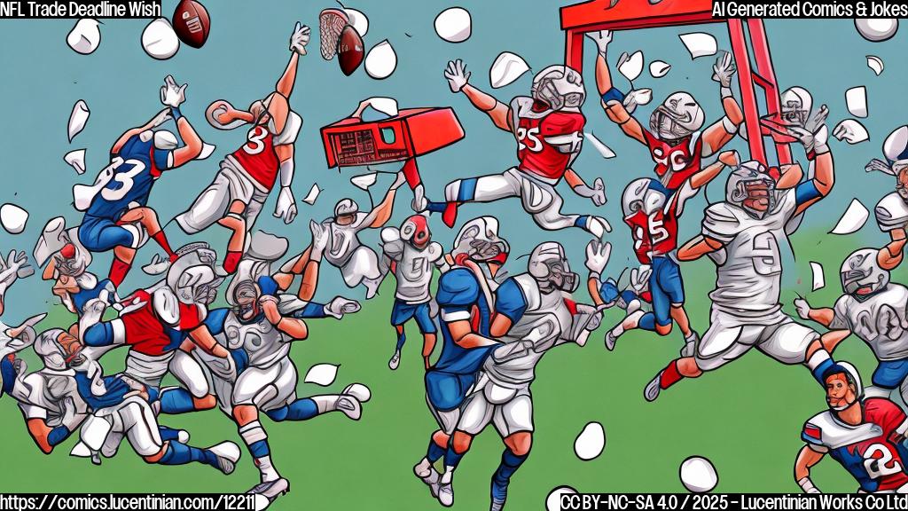 A cartoon drawing of a football team, represented by generic players in jerseys, carrying a comically large ladder towards a desk labeled "Trade Deadline," with papers and footballs scattered around. The style should be simple and brightly colored.